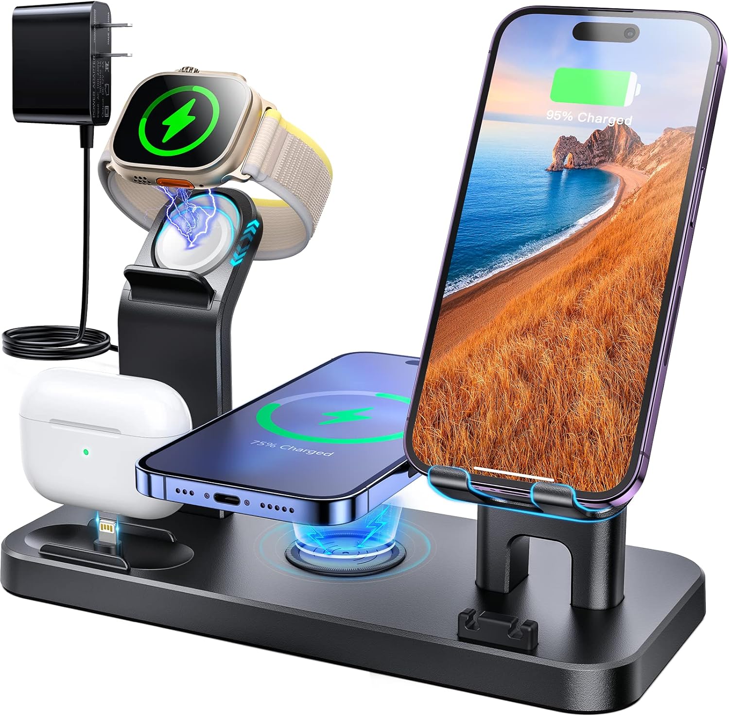 KINYELL Charging Station for Multiple Devices Apple，48W 5 in 1 Fast Wireless Charging Station for iPhone AirPods Apple Watch Charger, Gift for Men, Gift for Her Valentines Anniversary Day Black - Image 1
